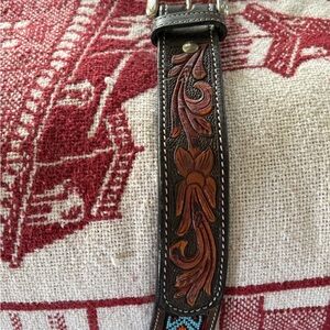 Men's Hand-Tooled Leather Belt with Brown Floral Detailing